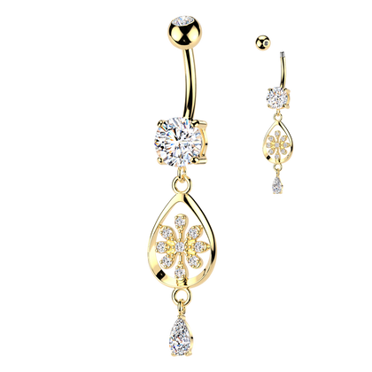 316L Surgical Steel Gold PVD White CZ Flower Teardrop Gem Dangle Belly Ring