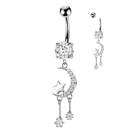 316L Surgical Steel White CZ Crescent Moon And Star Gem Dangle Belly Ring