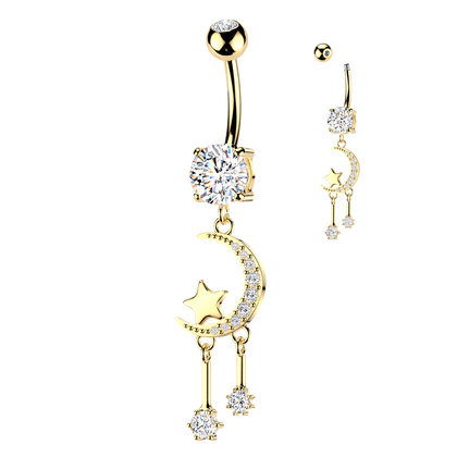 316L Surgical Steel Gold PVD White CZ Crescent Moon And Star Gem Dangle Belly Ring