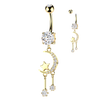 316L Surgical Steel Gold PVD White CZ Crescent Moon And Star Gem Dangle Belly Ring