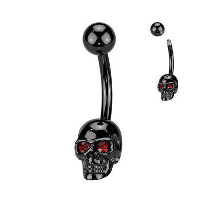 316L Surgical Steel Black PVD Red CZ Eyes Skull Non Dangle Belly Ring - Pierced Universe
