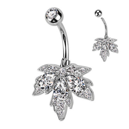 316L Surgical Steel White CZ Multi-Gem Large Leaf Design Belly Ring