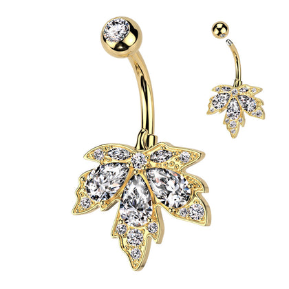 316L Surgical Steel Gold PVD White CZ Multi-Gem Large Leaf Design Belly Ring