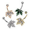 316L Surgical Steel Gold PVD White CZ Multi-Gem Large Leaf Design Belly Ring