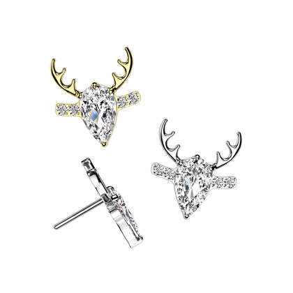 Titanium Threadless White CZ Deer With Antlers Top