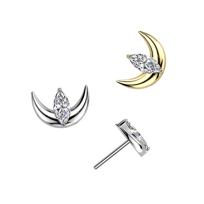 Titanium Threadless White CZ Marquise Crescent Moon Top