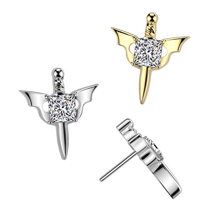 Titanium Threadless Winged Dagger With White CZ Square Gem Top