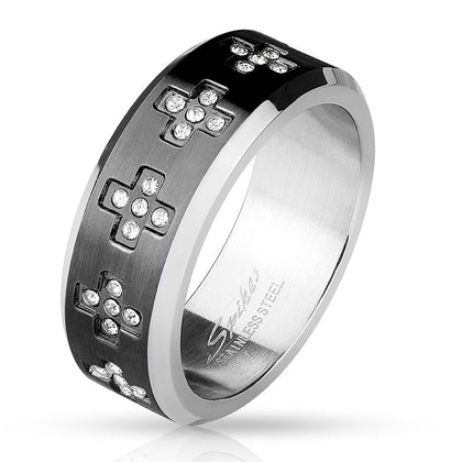 Stainless Steel CZ Set Cross Around Black Center Ring