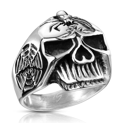 Stainless Steel Spider Web Skull Ring