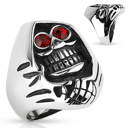 Stainless Steel Grim Reaper Red CZ Eyed Ring