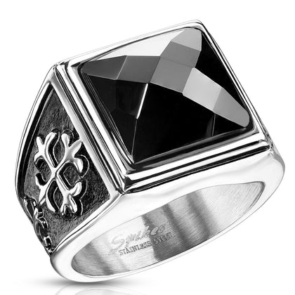 Stainless Steel Square Onyx CZ with Cross Ring