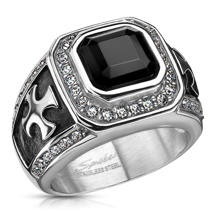 Stainless Steel Onyx Stone Clear CZ Border and Celtic Cross Ring