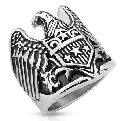 Stainless Steel Eagle with Star Shield Biker Ring