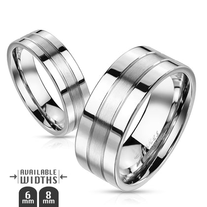 Stainless Steel Double Lined and Brushed Center Two Tone Rings