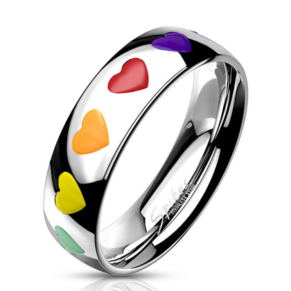 Stainless Steel Rainbow Hearts Dome Band Ring