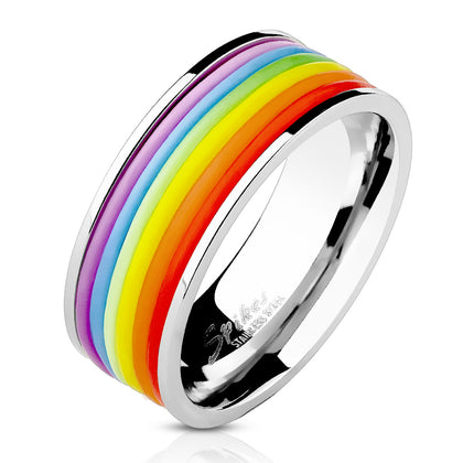 Stainless Steel Rainbow Rubber Striped Band Ring