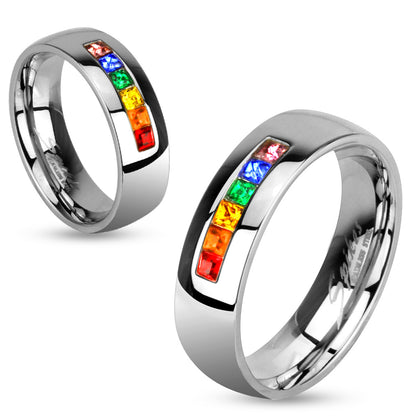 Stainless Steel Centered String of Rainbow Colour Gems Band Ring