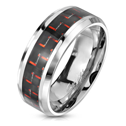 Stainless Steel Black and Red Carbon Fiber Center Band Ring