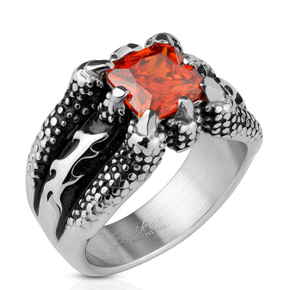 Stainless Steel Fire Dragon Claw Set Ruby Red Square Gem Cast Ring