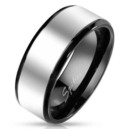 Two tone silver and black stainless steel ring