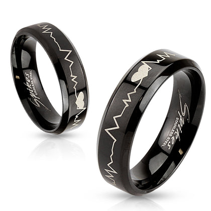 Heartbeat stainless steel ring black