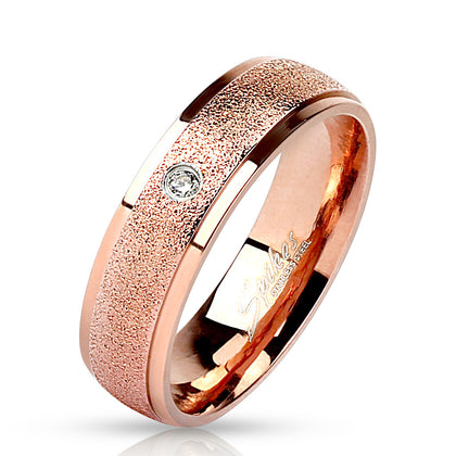 Textured rose gold CZ stainless steel ring