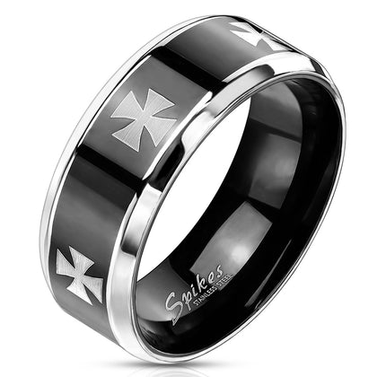 Stainless Steel Cross Laser Etched Black Center Bevel Edge Ring