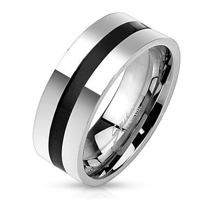 Stainless Steel Black Line Centered Band Ring