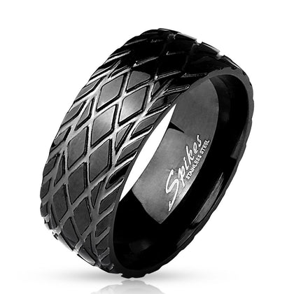 Stainless Steel Diamond Cut Grooved Dome Black Ring