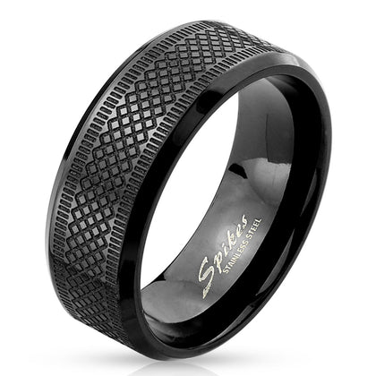 Stainless Steel Diamond Grooved Black Ring