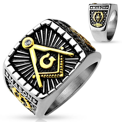 Stainless Steel Gold 2-Tone Square Face Masonic Ring