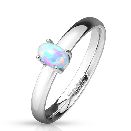 Stainless Steel Oval Opal Prong Set Classic Dome Engagement Rings