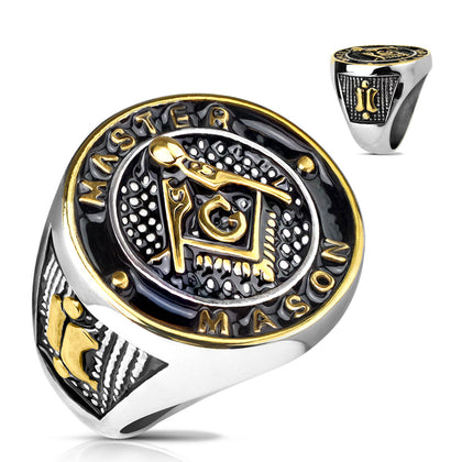 Stainless Steel Gold and Black Masonic Sign Round Face Ring