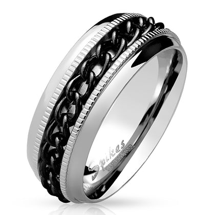 Stainless Steel Black Chain Center Spinner Diacut Lined Ring