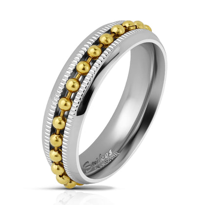 Stainless Stee lGold Bead Chain Spinner Center Diacut Edge Channel Two Tone Ring