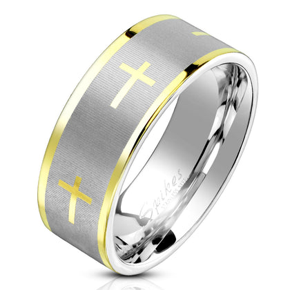 Stainless Steel Gold Cross with Brush Finished Center and Gold Edge Ring