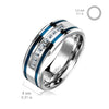 Stainless Steel 10 Lined CNC Machine Set CZ with 2 Blue IP Grooved Stripes Ring