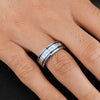 Stainless Steel 10 Lined CNC Machine Set CZ with 2 Blue IP Grooved Stripes Ring