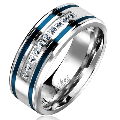 Stainless Steel 10 Lined CNC Machine Set CZ with 2 Blue IP Grooved Stripes Ring