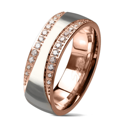 Rose gold and Silver two tone CZ stainless steel ring
