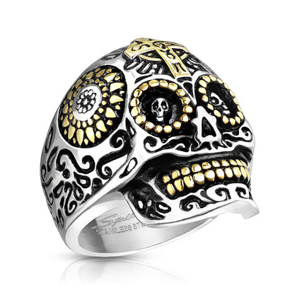 Stainless Steel Gold Cross Day of the Dead Skull Casting Rings