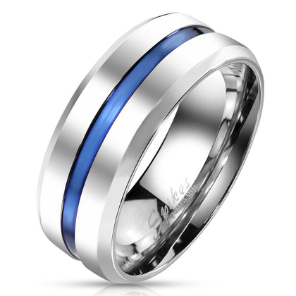 Stainless Steel Blue Grooved Centered Line Ring