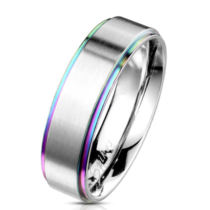 Stainless Steel Rainbow Stepped Edges with Brushed Finish Center Classic Band Ring