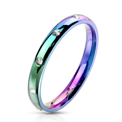 Stainless Steel 10 CZ Flush Set Rainbow Classic Dome Ring
