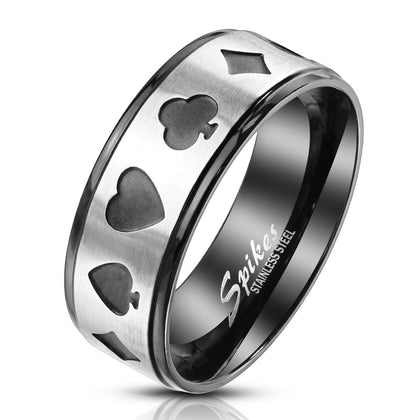 Stainless Steel Steel Poker Card Shape Cut Out Center Two Tone Black Ring