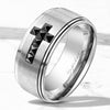 Stainless Steel Stepped Edges with Black CZ Cross Brushed Finish Center Classic Band Ring