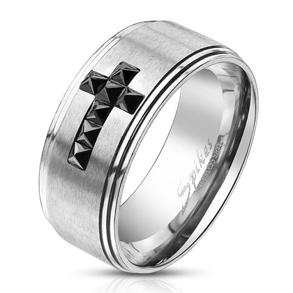 Stainless Steel Stepped Edges with Black CZ Cross Brushed Finish Center Classic Band Ring