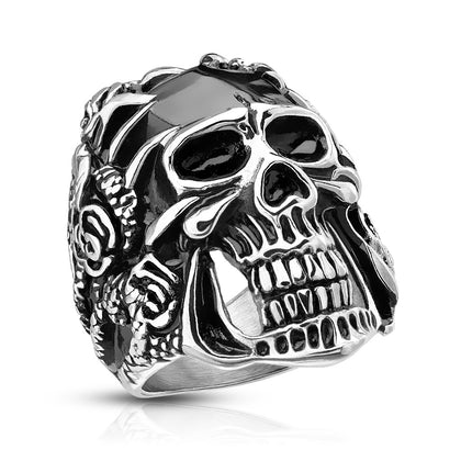 Stainless Steel Rose Decorated Steel Claws Grasping Black Skull Casting Ring