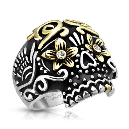 Stainless Steel Day of the Dead Sugar Skull with Gold Floral Eyes Casting Ring