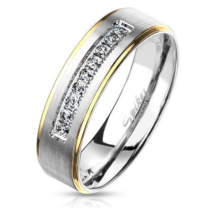 Stainless Steel 9 Lined CZ with Gold Stepped Edges Ring